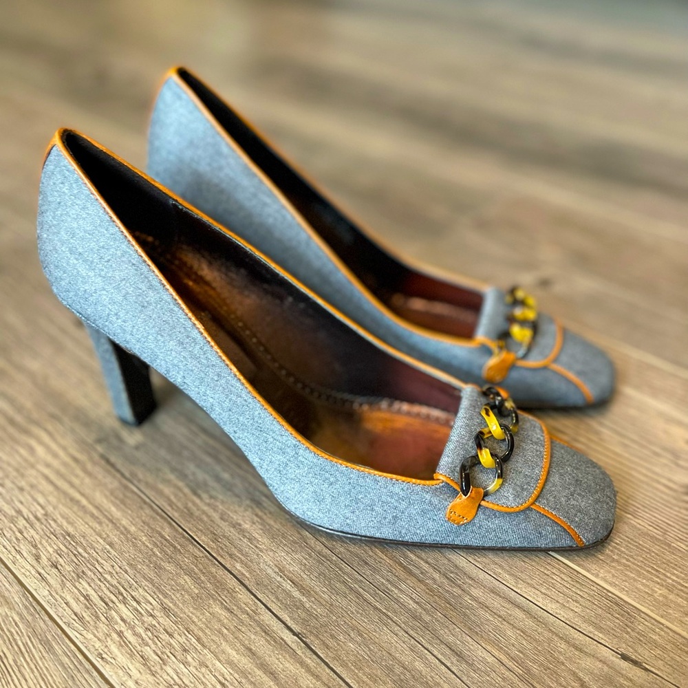 J. Crew Gray Wool Pumps with Tan Trim and Tortoiseshell Chain